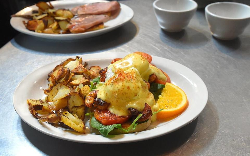 Octapas Cafe’s popular creole shrimp eggs benedict dish is offered during Sunday brunch.