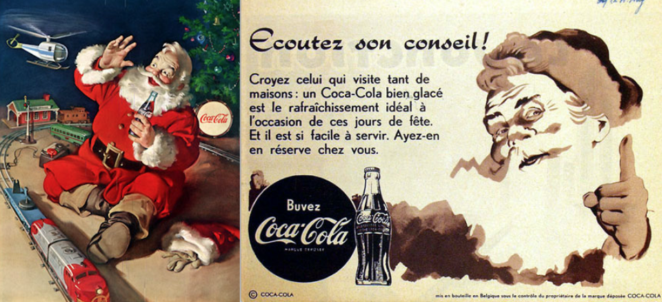 Deux affiches publicitaires réalisées par Coca-Cola dans les années 30, qui ont fortement contribué à l'image du Père Noël que l'on connait aujourd'hui.