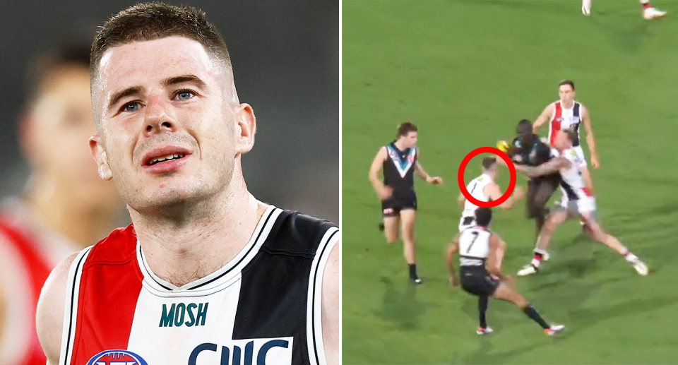 St Kilda forward Jack Higgins left and right his tackle on Aliir Aliir