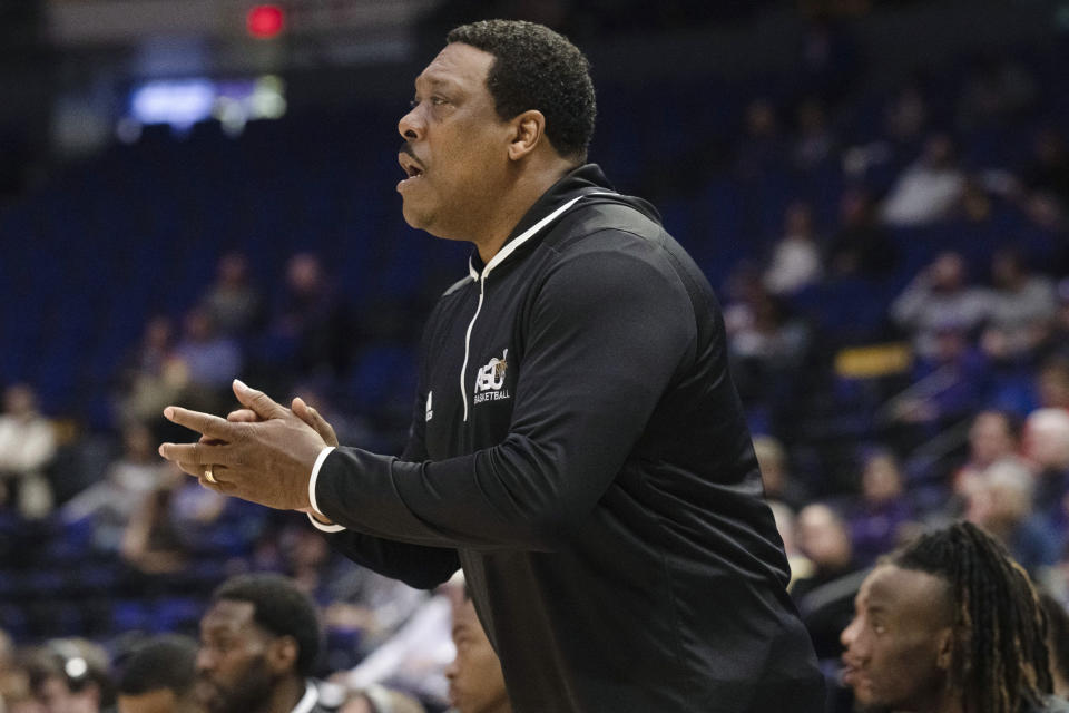 Alabama State head coach Tony Madlock gestures during an NCAA college basketball game against LSU on Wednesday, Dec. 13, 2023, in Baton Rouge, La. (Hilary Scheinuk/The Advocate via AP)