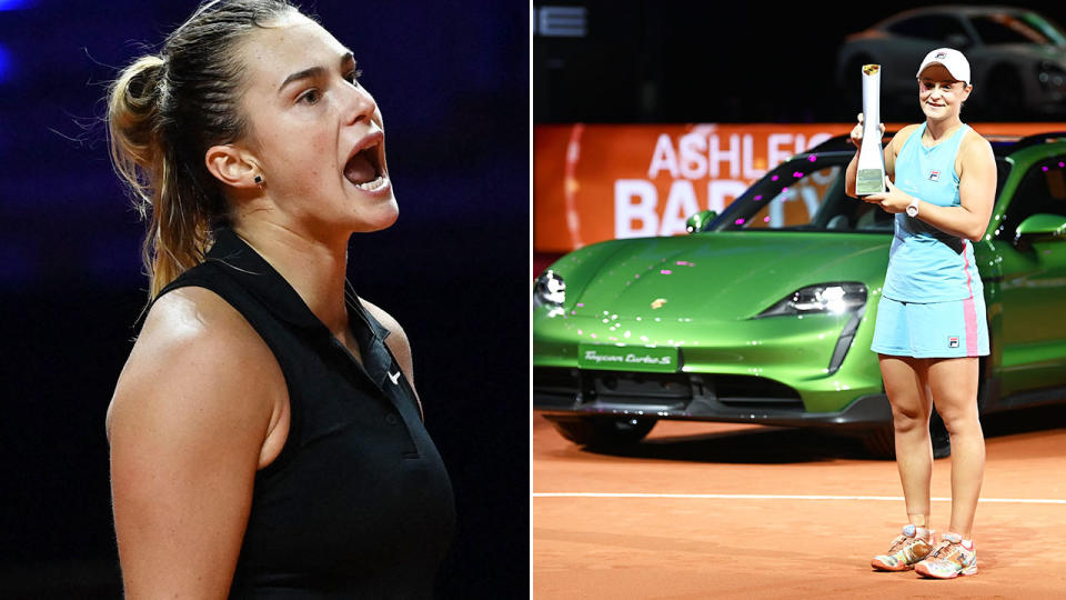 Pictured here, Aryna Sabalenka looking annoyed as Ash Barty holds her trophy aloft in front of her new Porsche.