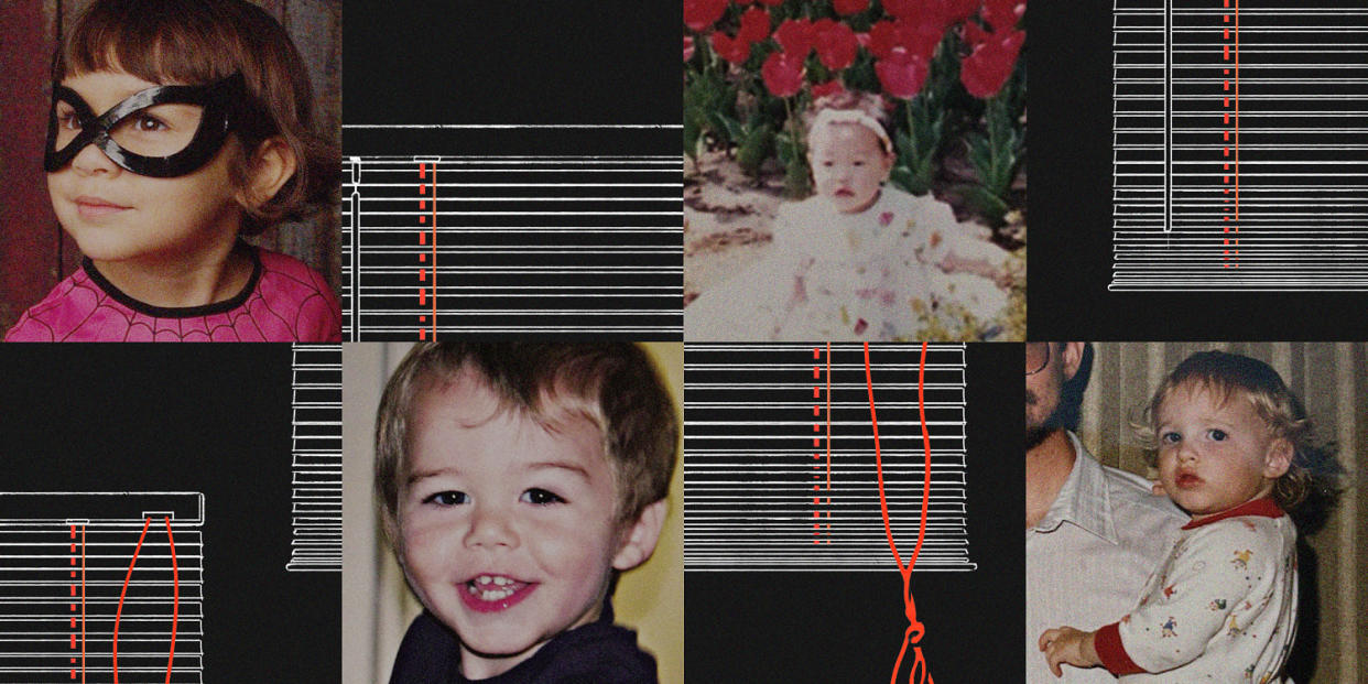 Photo illustration of children who were strangled by window covering cords and an illustration of inner and outer window covering cords on slated window blinds. (NBC News)