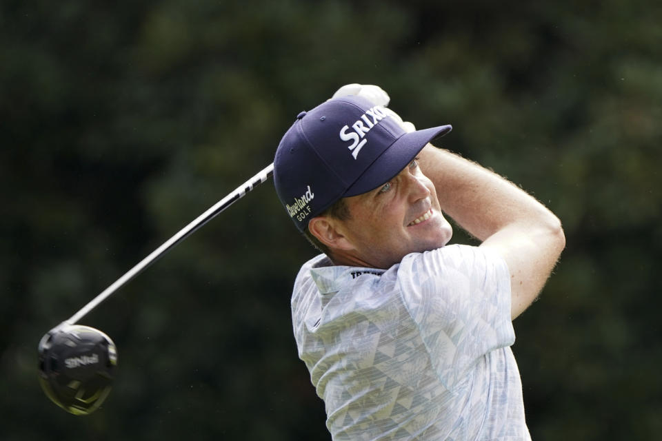 Keegan Bradley of the United States hits his tee shot on the fourth hole during the third round of the Zozo Championship golf tournament at Accordia Golf Narashino Country Club on Saturday, Oct. 15, 2022 in Inzai, Chiba Prefecture, east of Tokyo, Japan. (AP Photo/Tomohiro Ohsumi)