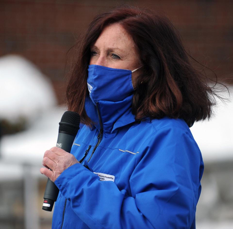 Massachusetts Nursing Association President Katie Murphy speaks during a rally in February 2021 in the parking lot of the Portugese Club overlooking the Milford Hospital, as nurses gathered in solidarity to unionize.