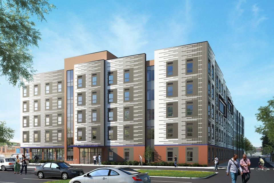 A street view of the 176-unit apartment complex planned by Crossroads Rhode Island at Broad and West Franklin streets.