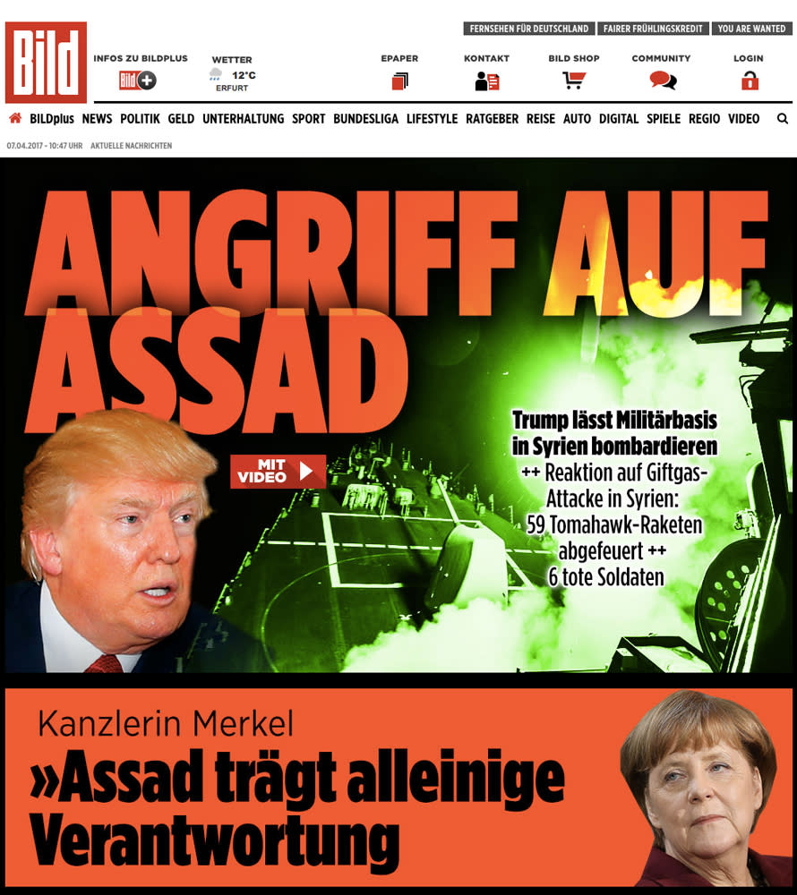 World response in headlines to U.S. Syria Strikes: Bild