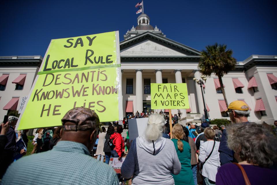 Gov. Ron DeSantis and the Republican-controlled Legislature's redraw of congressional districts, reducing Black representation, drew demonstrators to the Florida Capitol.