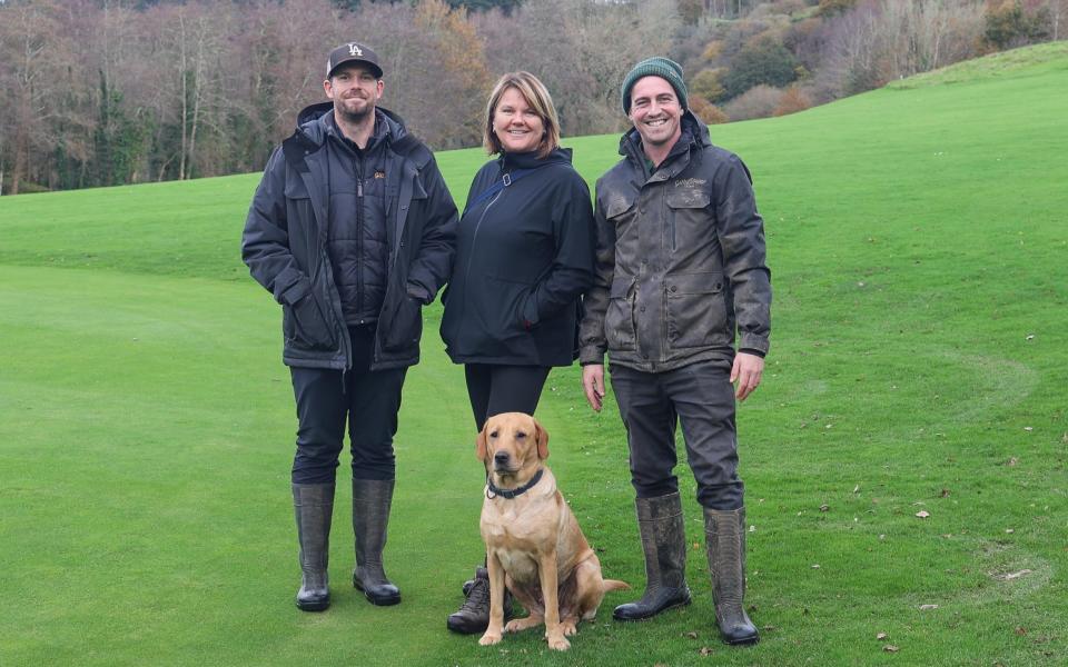 Team Gillyflower (LR) Joe Micklethwite, Angel Warwick and Olly Brookes-Adams with their dog Wilma