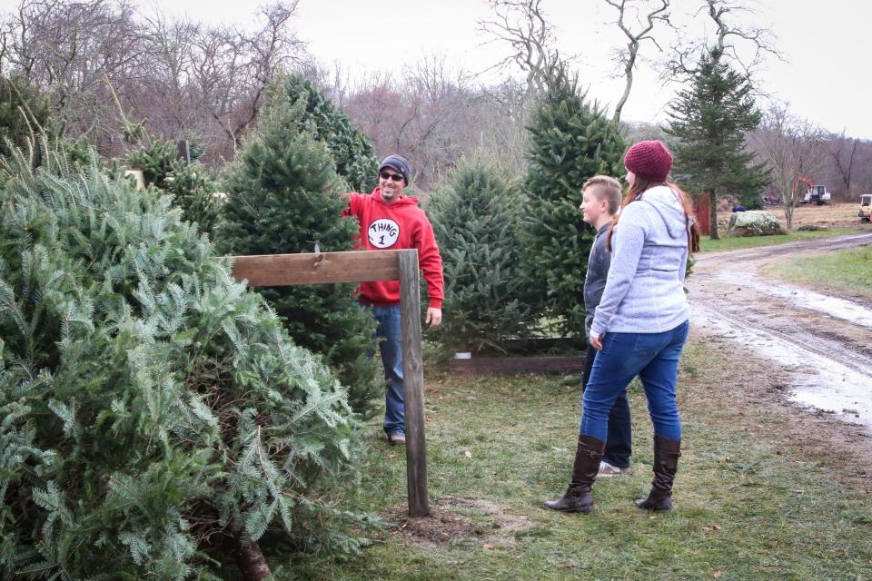 Left to right, Tim, Blake, 12, and Kat Borges of New Bedford, Mass., tag a Christmas tree in 2018 at the Naugatuck Tree Farm in Tiverton