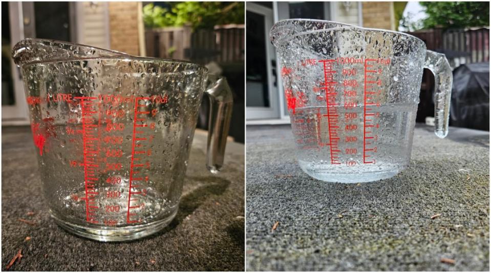 A measuring cup collecting rain is shown 11 hours apart during rainfall on July 9 and 10, 2024.