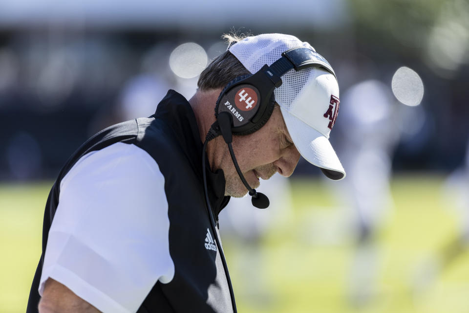 FILE - Texas A&M head coach Jimbo Fisher looks down between plays during an NCAA football game against Mississippi State, Saturday, Oct. 1, 2022, in Starkville, Miss. Texas A&M was selected most disappointing team in the Associated Press SEC Midseason Awards, Wednesday, Oct. 12, 2022. (AP Photo/Vasha Hunt, File)