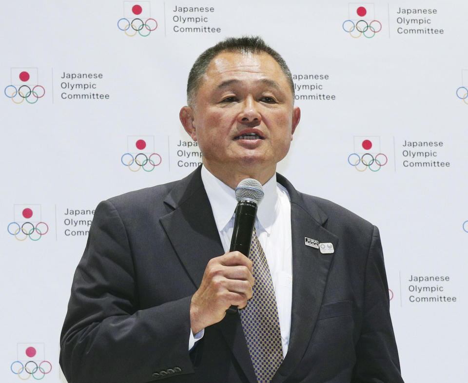 Former gold medalist Yasuhiro Yamashita speaks during a press conference in Tokyo, Thursday, June 27, 2019. Yamashita has been elected to lead the Japanese Olympic Committee, which is mired in a scandal that forced the former president to step aside in an alleged vote-buying scheme to land next year's Tokyo Games. (Kenzaburo Fukuhara/Kyodo News via AP)