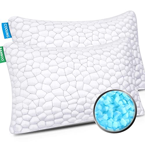 Cooling Bed Pillows for Sleeping 2 Pack Shredded Memory Foam Pillows Adjustable Cool BAMBOO Pillow for Side Back Stomach Sleepers - Luxury Gel Pillows Queen Size Set of 2 with Washable Removable Cover