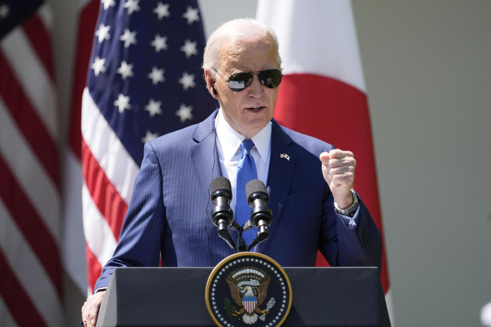 President Joe Biden speaks during a news conference with Japanese Prime Minister Fumio Kishida in the Rose Garden of the White House, Wednesday, April 10, 2024, in Washington. (AP Photo/Alex Brandon)