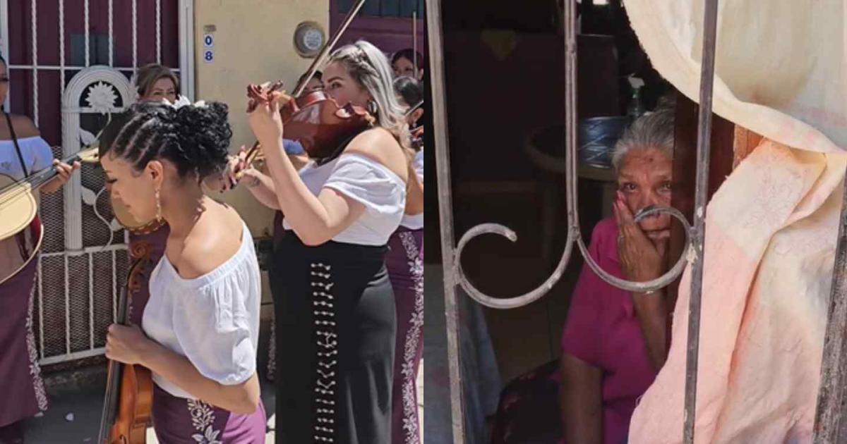 A mariachi group gives an old man a song, bringing her to tears