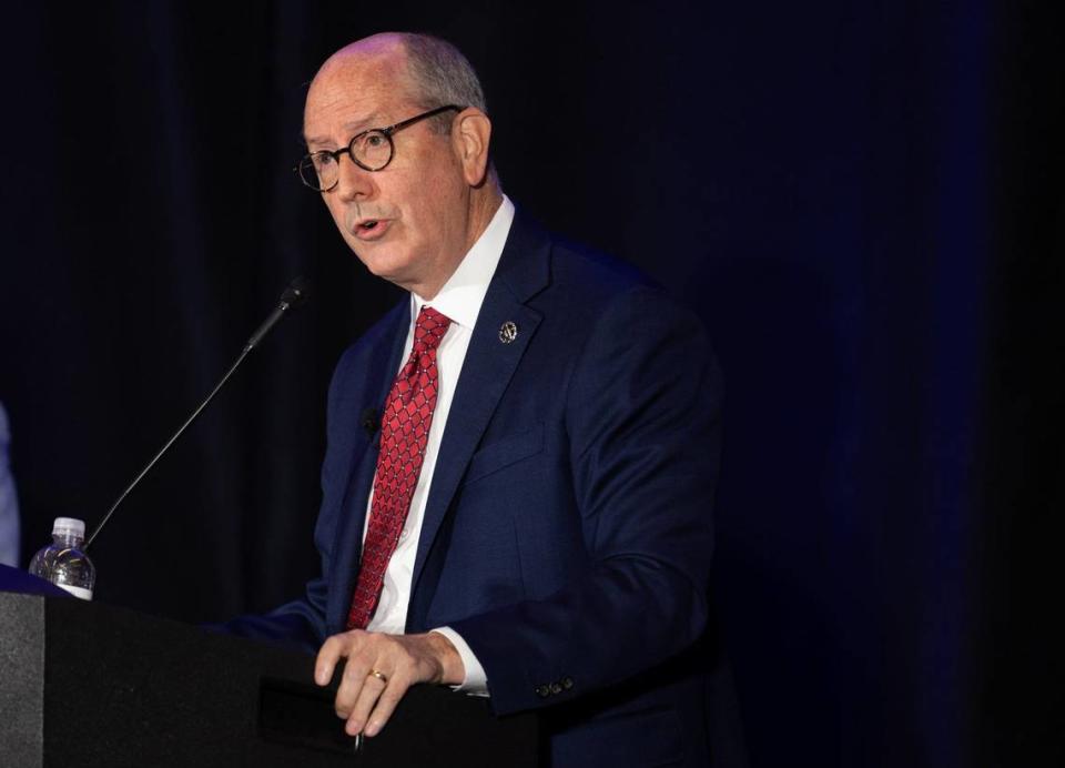 Dan Bishop debates Jeff Jackson in the Attorney General race at the Charlotte Convention Center in Charlotte on Friday, June 21, 2024.