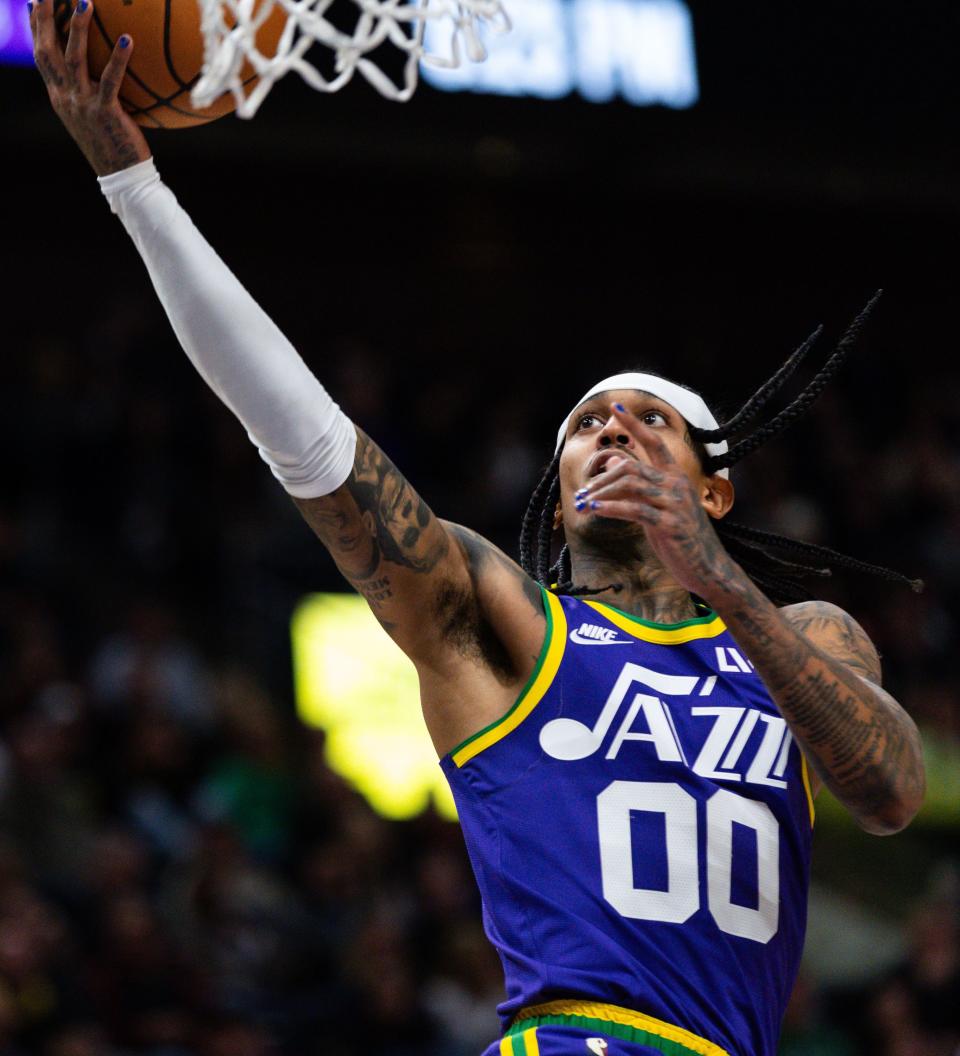 Utah Jazz guard Jordan Clarkson (00) shoots a basket during an NBA basketball game between the Utah Jazz and the New Orleans Pelicans at the Delta Center in Salt Lake City on Monday, Nov. 27, 2023. | Megan Nielsen, Deseret News