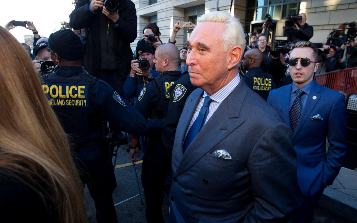 Former campaign adviser for President Donald Trump, Roger Stone, leaves federal court Thursday, Feb. 21, 2019 - FR159526 AP