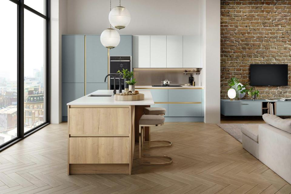 <p>There's also an increase in demand for the <a href="https://www.housebeautiful.com/uk/decorate/kitchen/a28841957/breakfast-bar-ideas/" rel="nofollow noopener" target="_blank" data-ylk="slk:breakfast bar;elm:context_link;itc:0;sec:content-canvas" class="link ">breakfast bar</a>. 'A breakfast bar is a versatile piece perfect for a multifunctional kitchen – with the right seating it can work as a dining table where you can enjoy a quick breakfast or informal meal with family and friends, while it doubles up as a bar and buffet area to serve drinks and canapes when hosting a party,' say <a href="https://www.harveyjones.com/" rel="nofollow noopener" target="_blank" data-ylk="slk:Harvey Jones;elm:context_link;itc:0;sec:content-canvas" class="link ">Harvey Jones</a> designers.</p><p>Pictured: House Beautiful Islington Kitchen - Ice Blue, Porcelain, Wild Oak, available at <a href="https://www.homebase.co.uk/kitchens/kitchen-ranges/Islington.list" rel="nofollow noopener" target="_blank" data-ylk="slk:Homebase;elm:context_link;itc:0;sec:content-canvas" class="link ">Homebase</a></p>