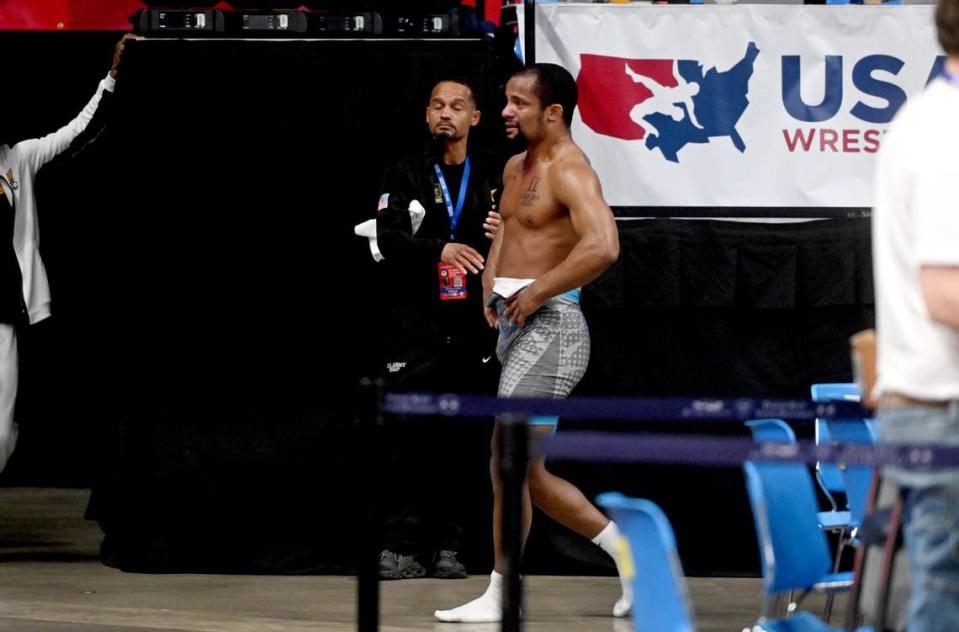 Mark Hall is emotional as he walks off the U.S. Olympic Team Trials at the Bryce Jordan Center on Saturday, April 20, 2024.
