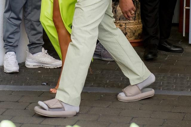 Kanye In Abloh Louis Vuitton Suit & YEEZY Slides