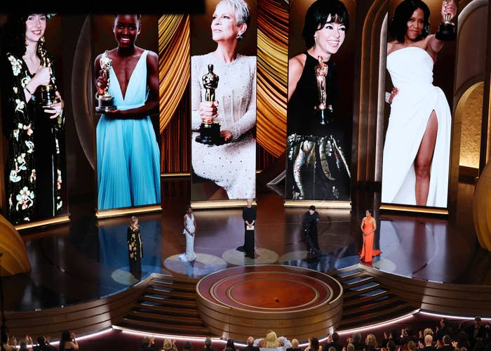 Mary Steenburgen, Lupita Nyong'o, Jamie Lee Curtis, Rita Moreno and Regina King on stage at the 2024 Oscars
