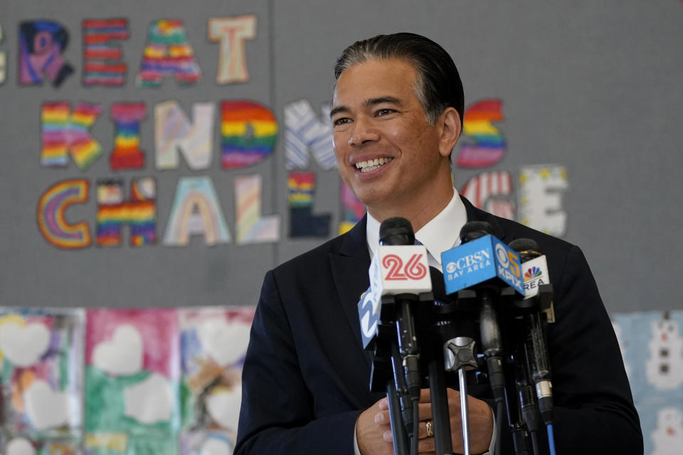 California State Assemblyman Rob Bonta speaks at Ruby Bridges Elementary School in Alameda, Calif., Tuesday, March 16, 2021. Bonta was named as a strong choice to be California's next attorney general during a news conference on Wednesday, March 17, 2021, by API elected officials calling on the governor to name an API leader to the job. (AP Photo/Jeff Chiu)