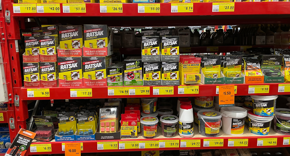 A Bunnings shelf display of rat bait.