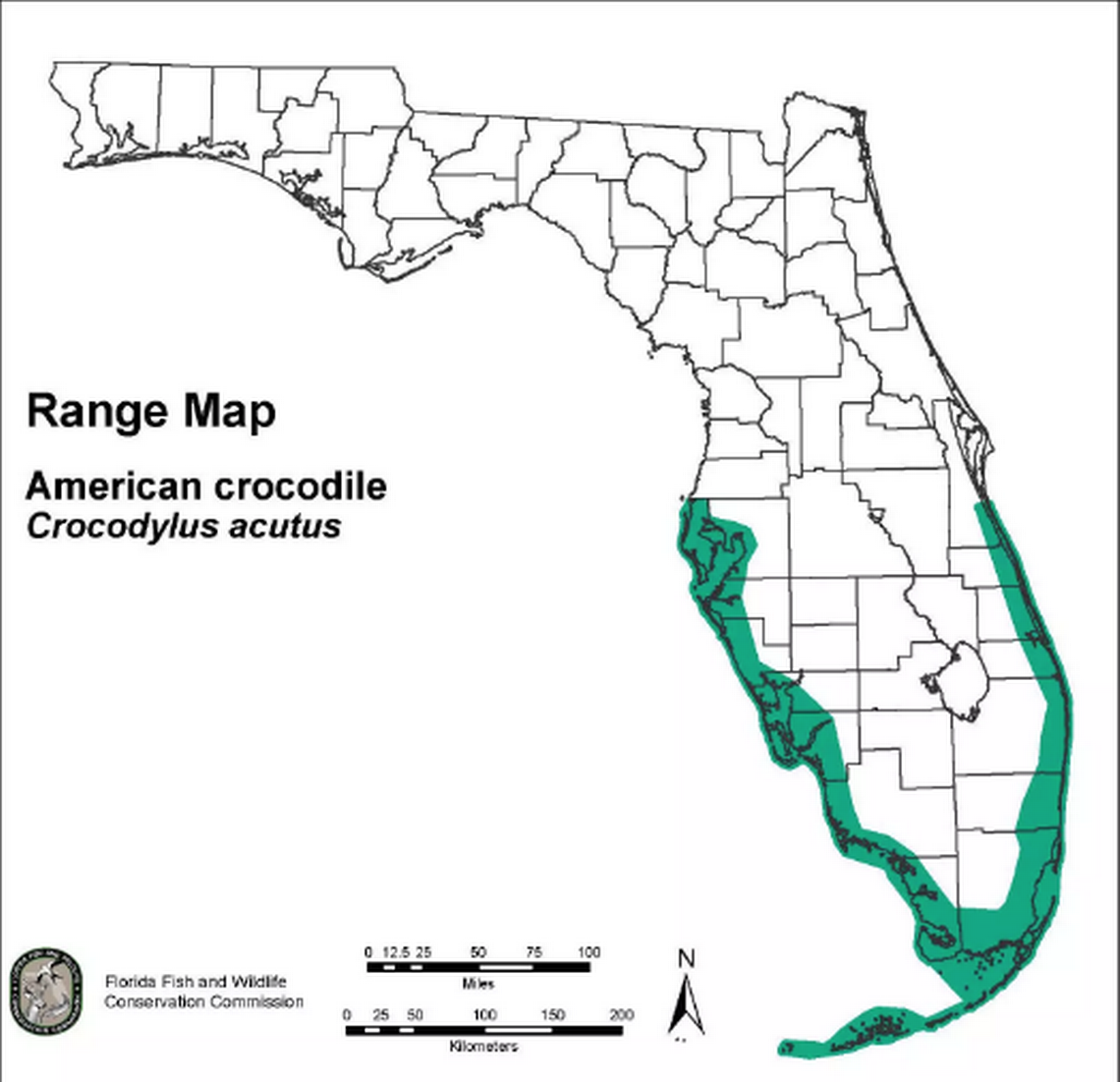 The northern end of the crocodile’s range is in South Florida. Occasionally, crocodiles are encountered inland in freshwater areas along the southern Florida coast.