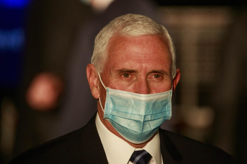 BLOOMINGTON, INDIANA, UNITED STATES - 2020/12/15: United States Vice President Mike Pence wearing a face mask speaks during a round table discussion at  Catalent Biologics, where COVID vaccine vials are being filled. (Photo by Jeremy Hogan/SOPA Images/LightRocket via Getty Images)