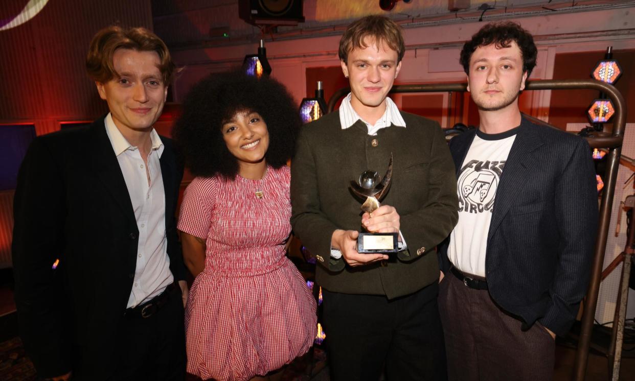 <span>Originality and innovation … (L-R) Nicholas Eden, Lily Fontaine, Douglas Frost and Lewis Whiting of English Teacher after winning the Mercury prize at Abbey Road Studios, London, 5 September 2024.</span><span>Photograph: JMEnternational/Getty Images</span>