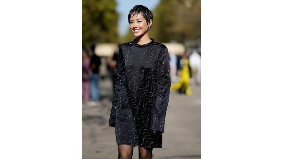 Khanh Linh shows off her 'whisper pixie' outside the Stella McCartney show during PFW