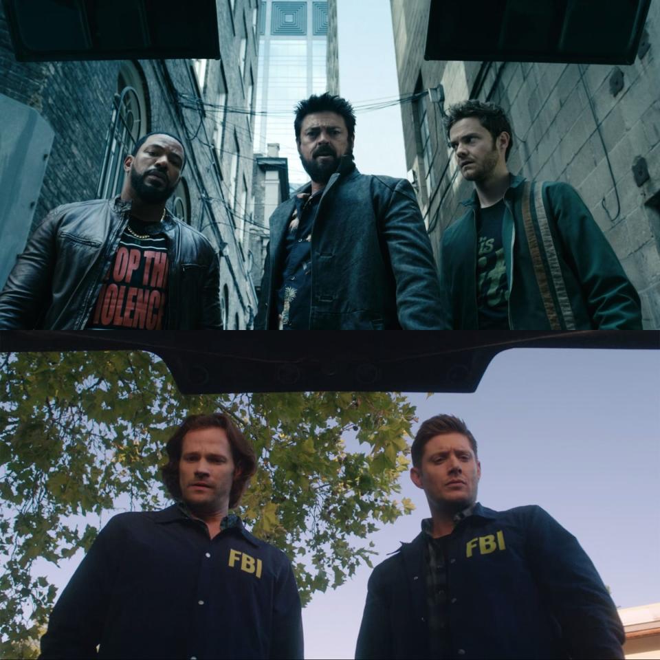 In the top image: Mother's Milk, Butcher, and Hughie looking inside a trunk in season three of "The Boys." In the bottom image: Sam and Dean looking inside a trunk in season 15 of "Supernatural."