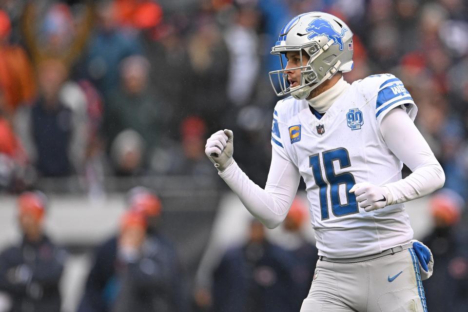 Lions quarterback Jared Goff celebrates after a touchdown during the second quarter on Sunday, Dec. 10, 2023, in Chicago.