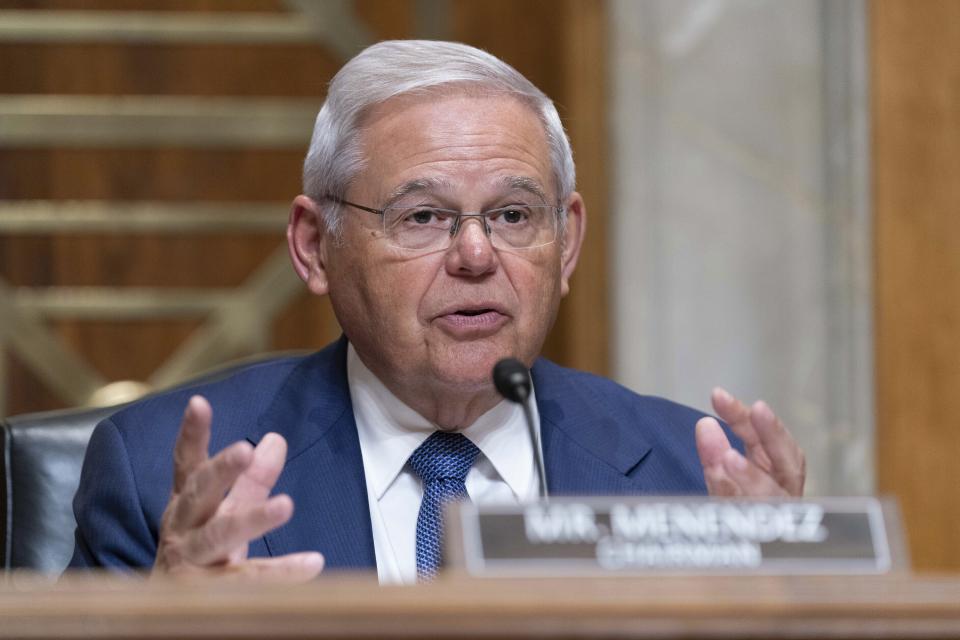 FILE - Sen. Bob Menendez, D-N.J., chair of the Senate Foreign Relations Committee speaks during Senate Foreign Relations Committee hearing on Capitol Hill, March 22, 2023, in Washington. Menendez and his wife have been indicted on charges of bribery. Federal prosecutors on Friday announced the charges against the 69-year-old Democrat nearly six years after an earlier criminal case against him ended with a deadlocked jury. (AP Photo/Jose Luis Magana, File)