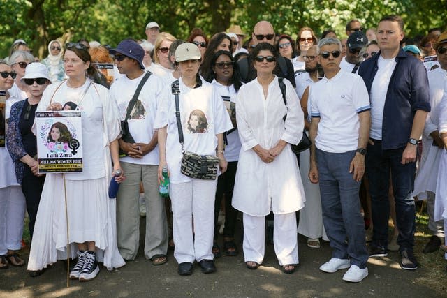 The Mayor of London Sadiq Khan, second right, joined family and friends of Zara Aleena during a vigil to mark the one-year anniversary of her death 