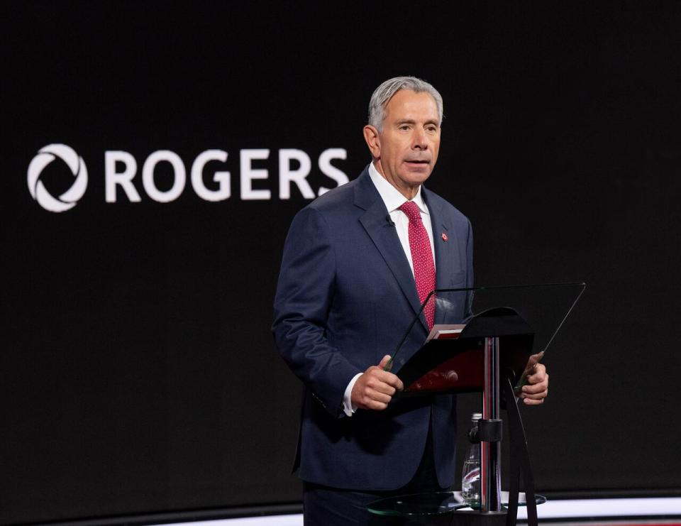 Tony Staffieri, President and CEO of Rogers Communications, speaking at the company’s annual meeting with shareholders where he announced a 10-year agreement with Comcast to bring world-class Xfinity products and technology to Canadians. Held at the company’s Sportsnet Studio in Toronto April 24, 2024. THE CANADIAN PRESS/HO - Rogers, George Pimentel