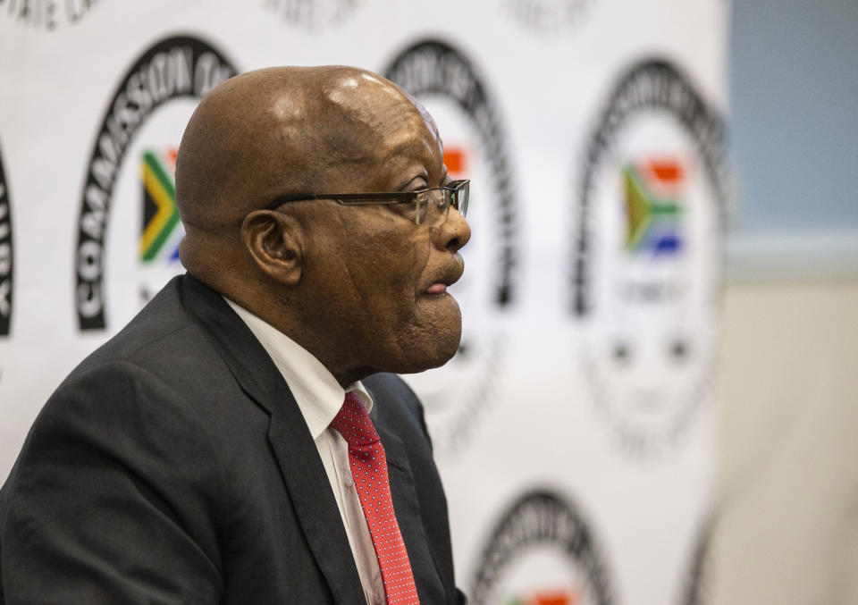 Former South Africa President Jacob Zuma appears before a commission probing allegations of corruption during his tenure as the country's leader as president from 2009 until 2018, in Johannesburg Monday July 15, 2019. Zuma was forced to resign by his ruling African National Congress party over widespread reports of corruption and was replaced by his then deputy Cyril Ramaphosa. (Pool Photo via AP)