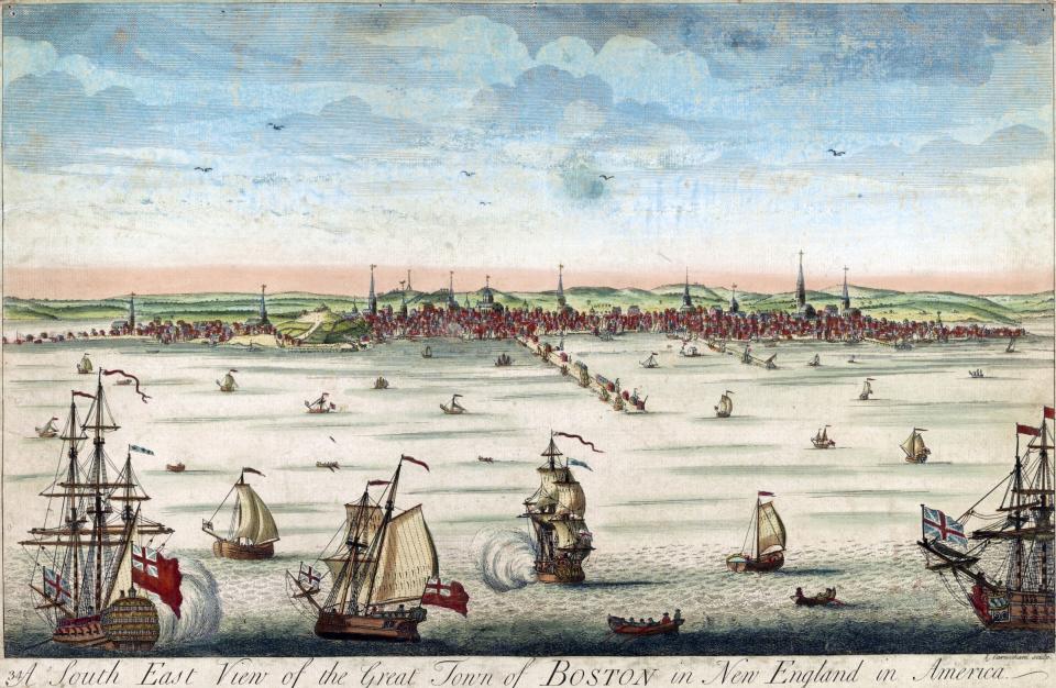 A view of Boston from the harbor, with ships in the foreground. Created by John Carwitham, mid-18th century. | Universal Images Group via Getty
