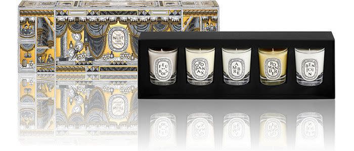 <a href="http://www.barneys.com/product/diptyque-5-mini-candles-set-504936689.html?utm_source=google&amp;utm_medium=cpc&amp;cmpntype=pla&amp;campaignid=345486675&amp;adgroupid=27670193595&amp;campaign=%5BPLA%5D%20-%20Diptyque%20-%20Tier%201&amp;adgroup=Diptyque%20-%20Home%20-%20Decor%20&amp;%20Accessories-%20Home%20Fragrance22&amp;product_partition_id=144728586761&amp;product_id=00505049366907&amp;k_clickid=4230022e-0d69-4e55-a669-1dfb84f9c69e&amp;gclid=CMaxhfyw09ACFVlMDQodMv8IMw" target="_blank">Diptyque 5 Mini Candles Set</a>, $78 at <a href="http://www.barneys.com/" target="_blank">Barneys New York</a>