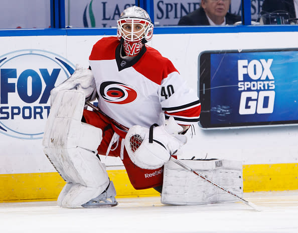 TAMPA, FL - DECEMBER 31: Emergency back up goalie Jorge Alves #40 skates during the pregame warm ups against the Tampa Bay Lightning at Amalie Arena on December 31, 2016 in Tampa, Florida. (Photo by Scott Audette/NHLI via Getty Images)