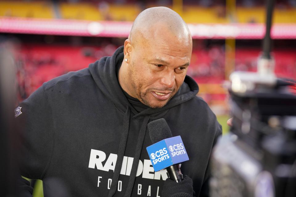 Dec 25, 2023; Kansas City, Missouri, USA; Las Vegas Raiders interim head coach Antonio Pierce talks to media against the Kansas City Chiefs after the game at GEHA Field at Arrowhead Stadium. Mandatory Credit: Denny Medley-USA TODAY Sports