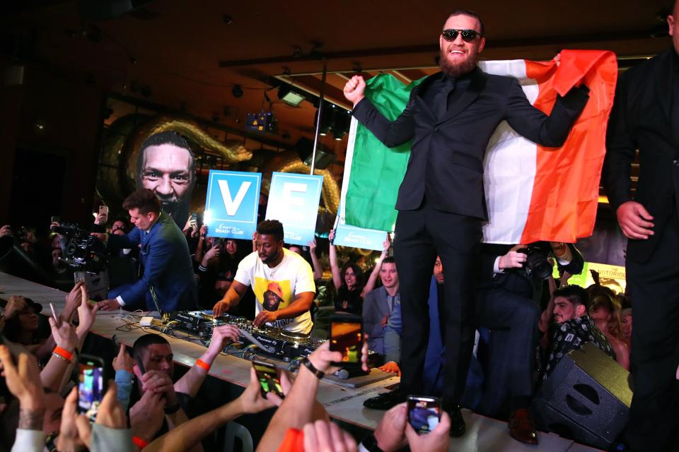 Conor McGregor celebrates his win at Encore Beach Club in Las Vegas.