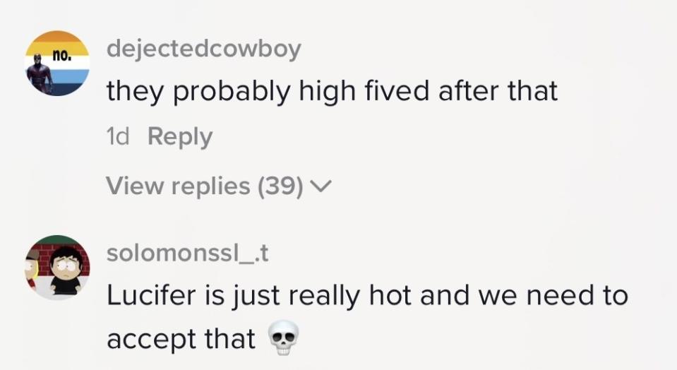 "They probably high fived after that" and "Lucifer is just really hot and we need to accept that"