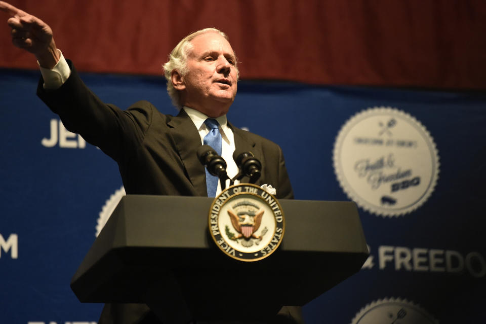 Gov. Henry McMaster speaks at the Faith and Freedom BBQ fundraiser on Monday, Aug. 26, 2019, in Anderson, S.C. (AP Photo/Meg Kinnard)