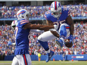 <p>Buffalo Bills’ Mike Tolbert (35) celebrates with teammate Jordan Matthews (87) after scoring a touchdown during the second half of an NFL football game against the New York Jets Sunday, Sept. 10, 2017, in Orchard Park, N.Y. (AP Photo/Jeffrey T. Barnes) </p>