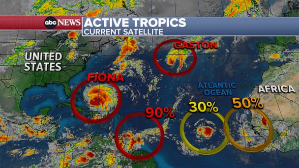 PHOTO: ABC News weather map showing current satellite imagery of hurricane activity in the tropics. (ABC News)