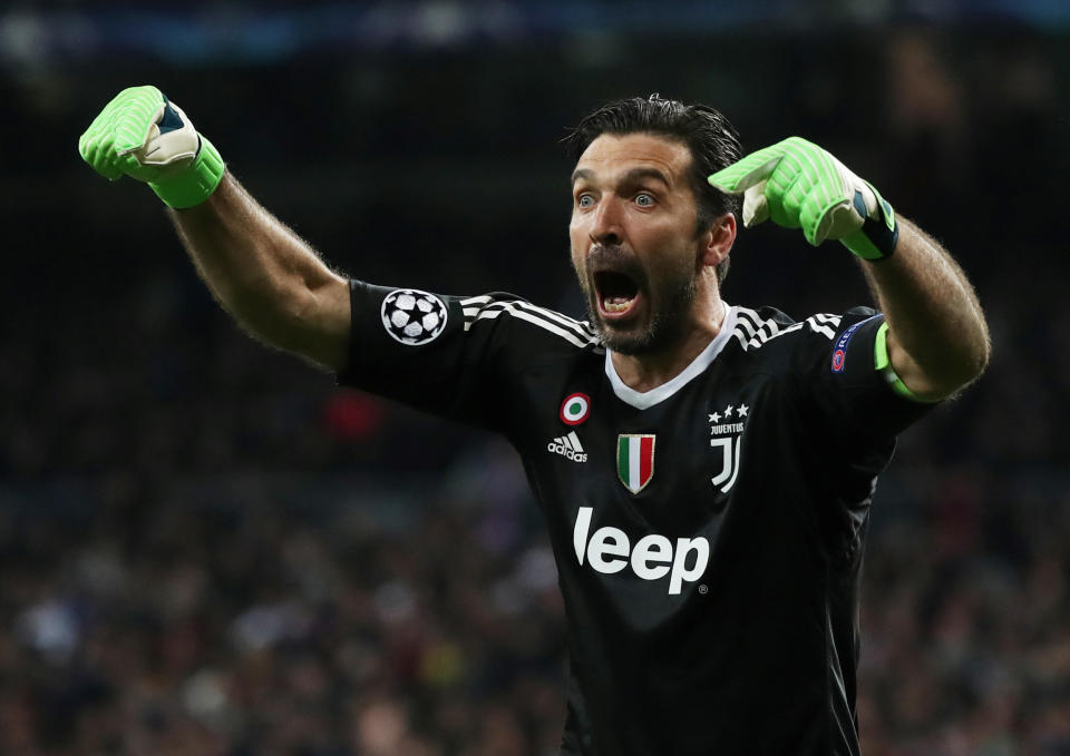 <p>Soccer Football – Champions League Quarter Final Second Leg – Real Madrid vs Juventus – Santiago Bernabeu, Madrid, Spain – April 11, 2018 Juventus’ Gianluigi Buffon celebrates their third goal scored by Blaise Matuidi REUTERS/Susana Vera </p>