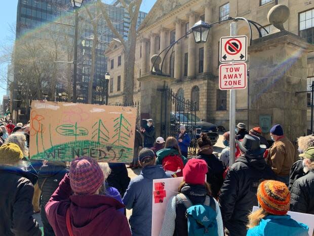 The protests came a day after Liberal MLAs approved major changes advanced by Premier Iain Rankin to his Biodiversity Act. (Michael Gorman/CBC - image credit)