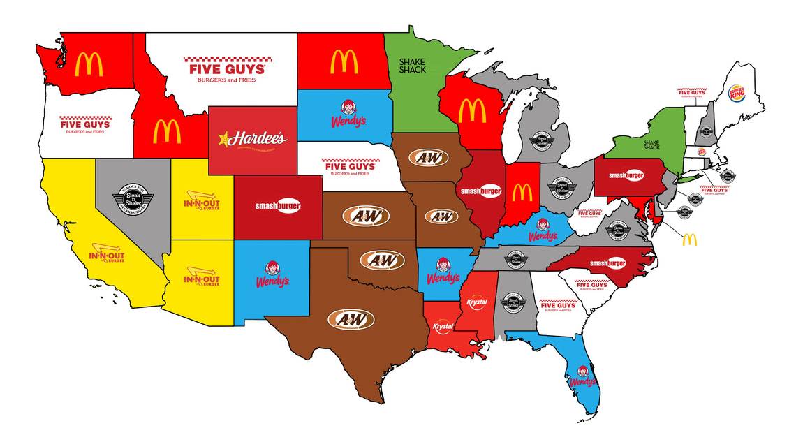 This map from Top Data shows the most popular burger chain by state.